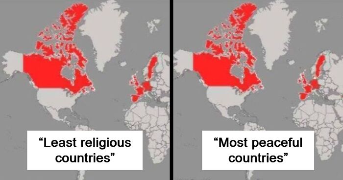 Maps highlighting the least religious and most peaceful countries in North America and Europe with geography facts.