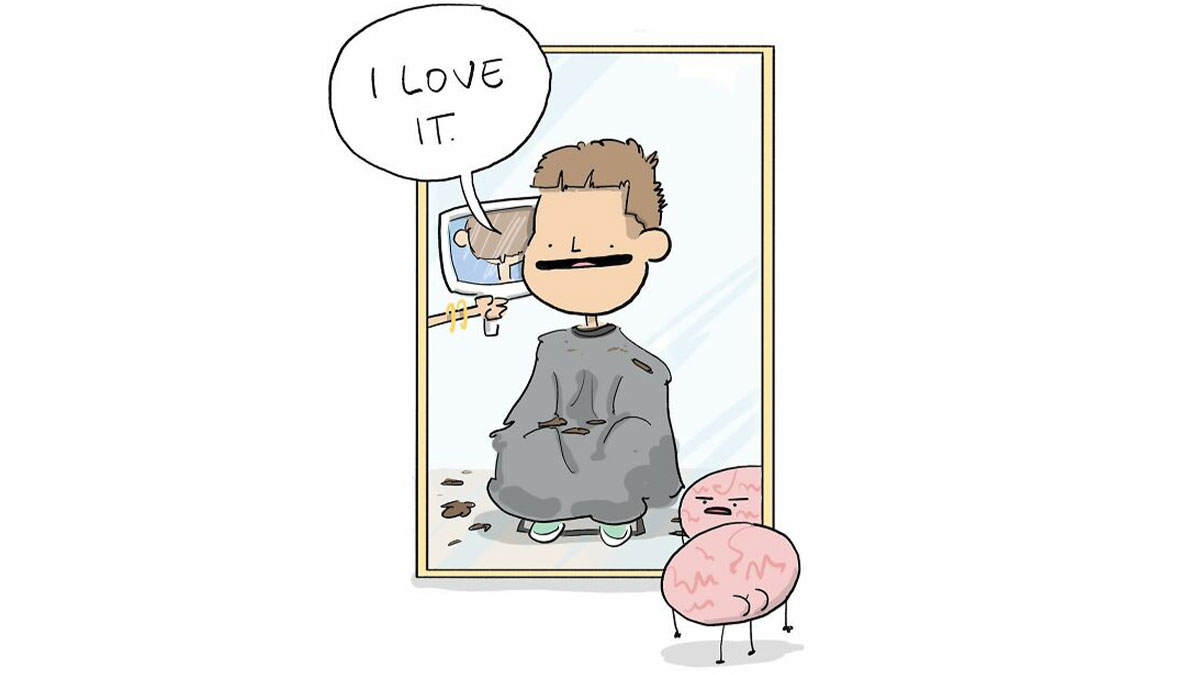 Cartoon of a person happily admiring their new haircut in the mirror while their angry brain looks on.