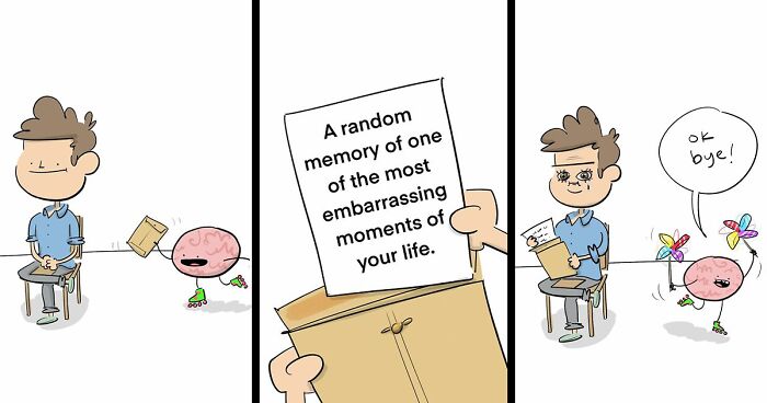 Cartoon by Tim Brierley showing a brain reminding a man of an embarrassing life moment, making us laugh at ourselves.