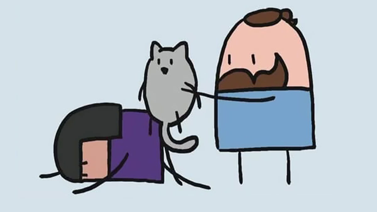 Simple pet comic by Trying Times showing a person holding a gray cat and another person lying on the floor playing with the cat.
