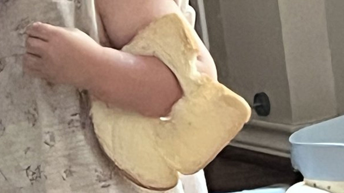 Baby holding two slices of bread in a cozy setting, capturing a funny and relatable moment for lighthearted tweets.