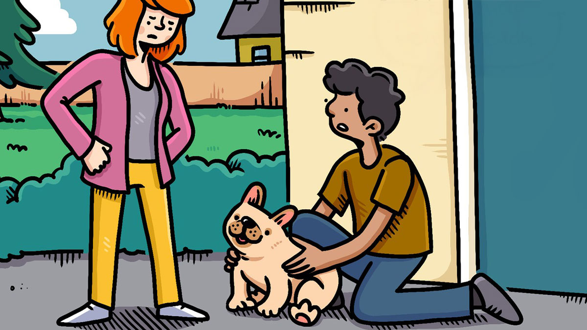 Cartoon of a woman standing with hands on hips and a man kneeling, petting a small dog in a darkly hilarious comic style.