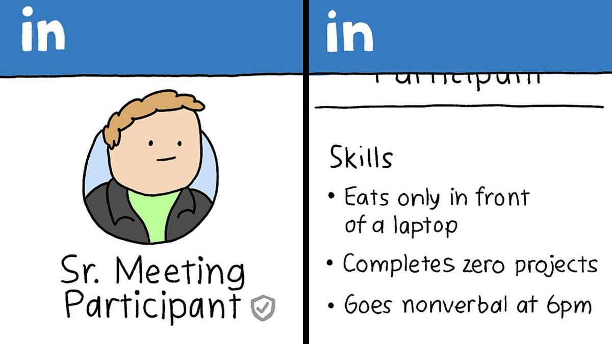 Comic panel showing a LinkedIn profile of a Sr. Meeting Participant with humorous skills listed in an everyday comic style.