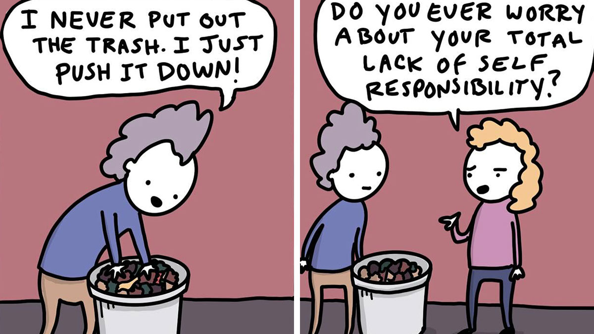 Comic panel by Canadian artist Cameron Spires showing absurd humor about trash and self responsibility.