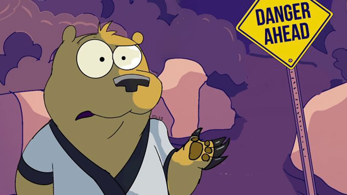 Animated animal comic character looking worried near a danger ahead sign, illustrating real-life struggles in humor.