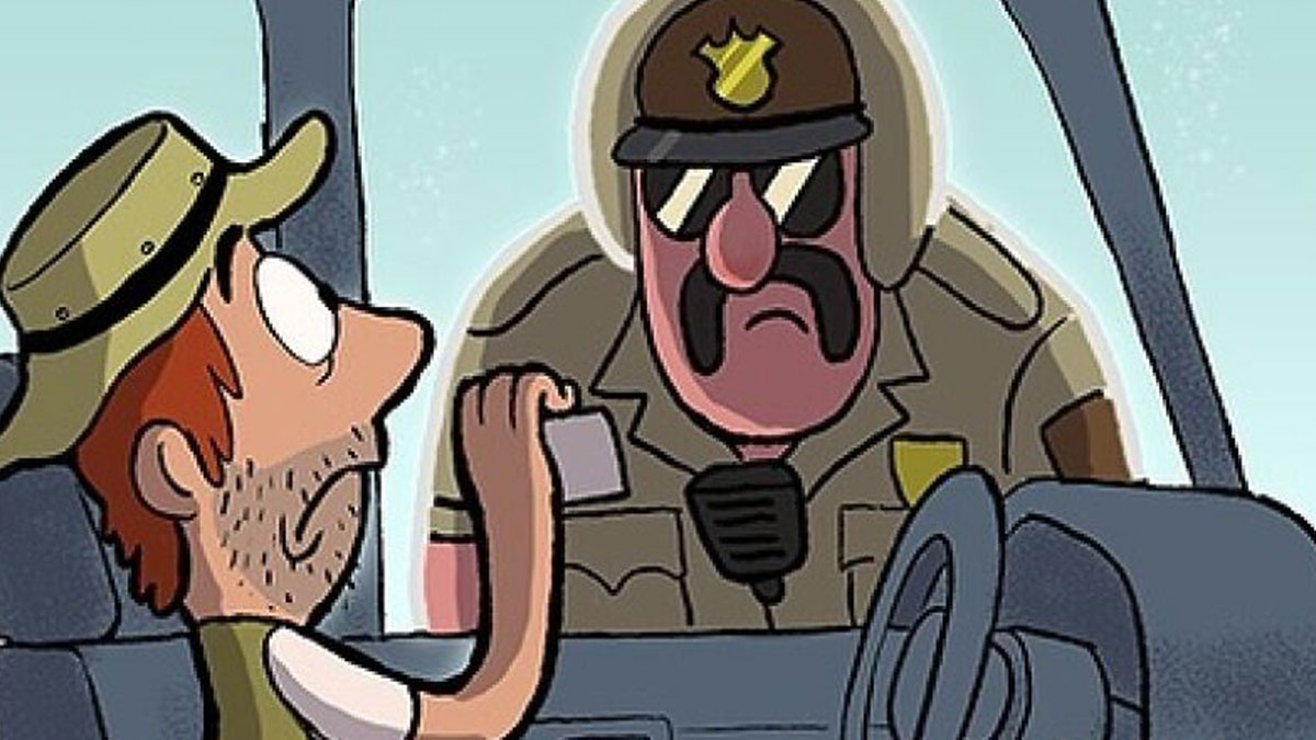 Cartoon of a man showing ID to a stern police officer in uniform at a car window, comic poking fun at society.