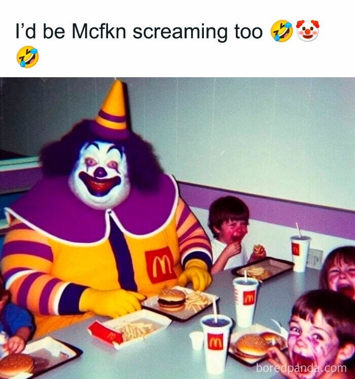 Creepy but funny meme featuring a scary clown eating McDonald's with children laughing and screaming.