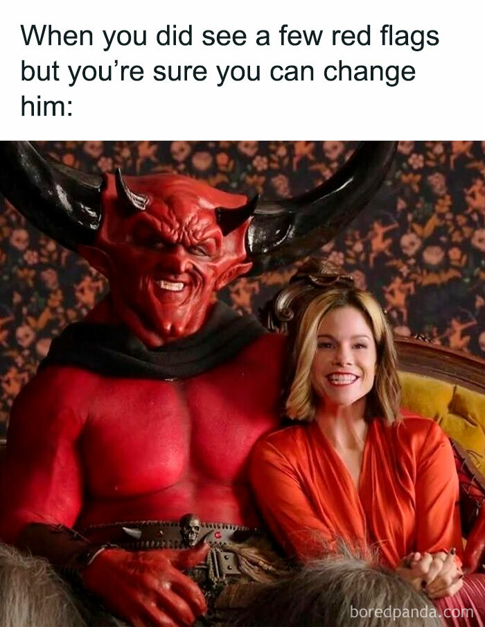 Creepy but funny meme showing a smiling woman sitting next to a red devil with large black horns indoors.