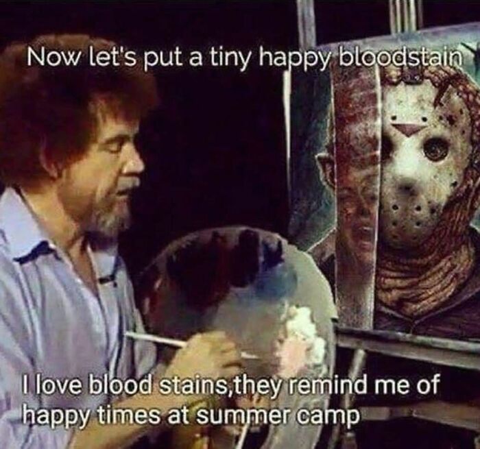 Bob Ross painting a spooky bloodstain on a canvas with a creepy masked figure in the background, creepy funny meme.