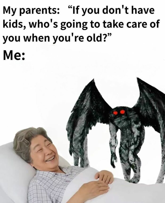 Elderly person smiling in bed with a scary black meme creature, capturing creepy but funny humor for meme lovers.