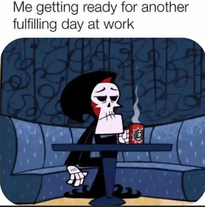Cartoon grim reaper sitting at a booth with a black coffee mug, looking tired and unmotivated before work.