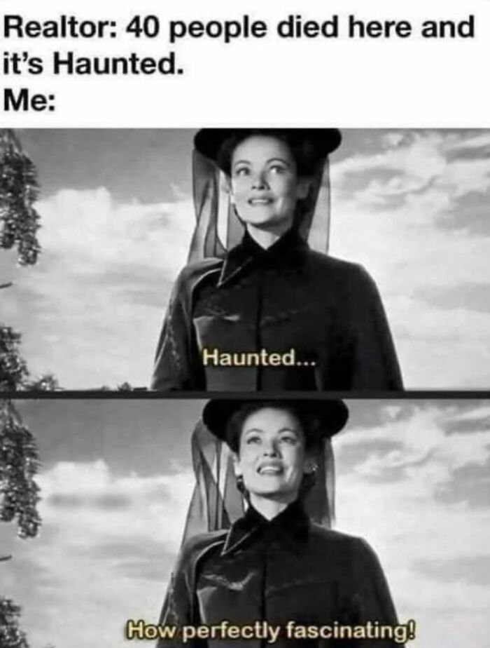 Black and white meme showing a woman smiling and saying haunted is perfectly fascinating, creepy humor.