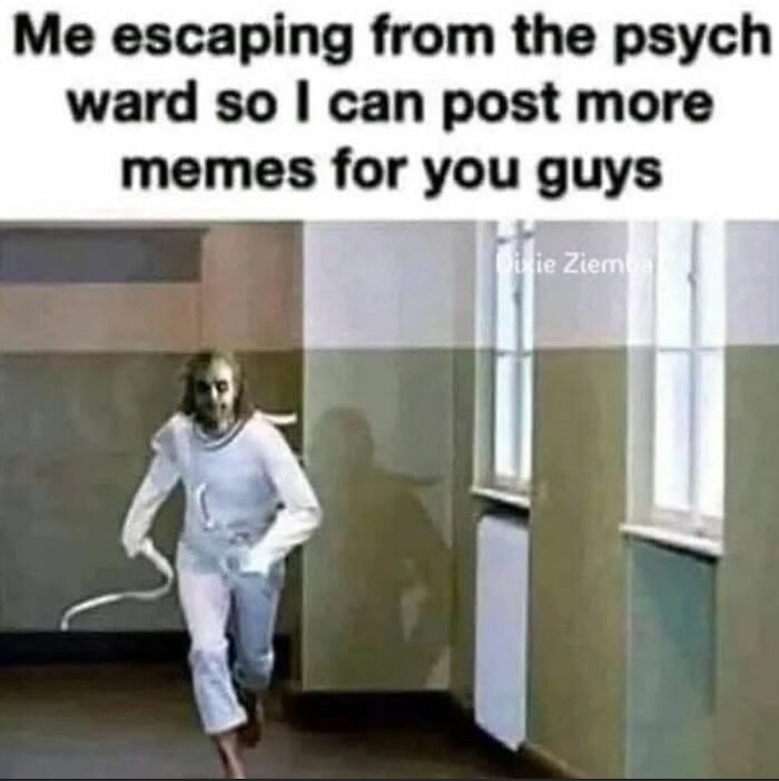 Person in crazy outfit running inside hospital hallway with meme text about escaping psych ward to post memes, creepy funny meme humor.