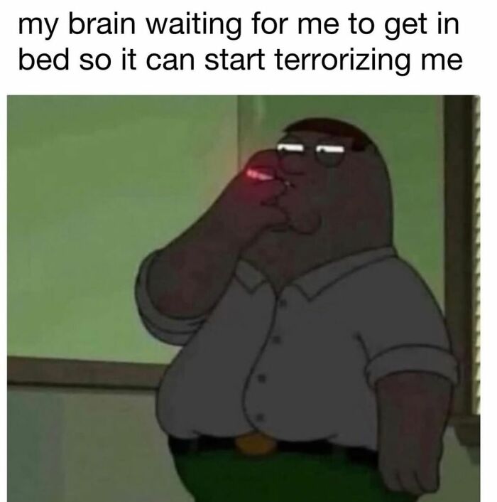 Cartoon character in dark colors with a serious face, representing creepy but funny memes about the brain at night.