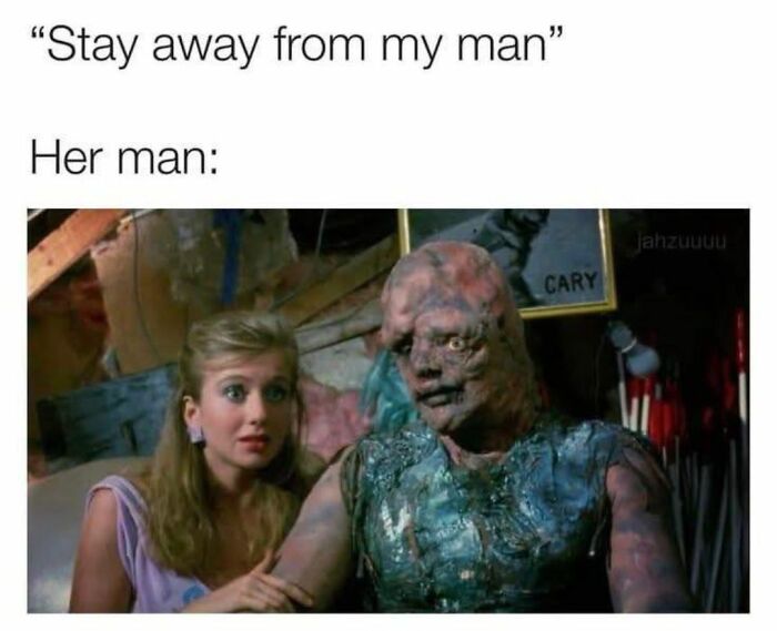 Couple with a shocked woman and a creepy creature man in a humorous meme about love and protection, fitting creepy funny memes.