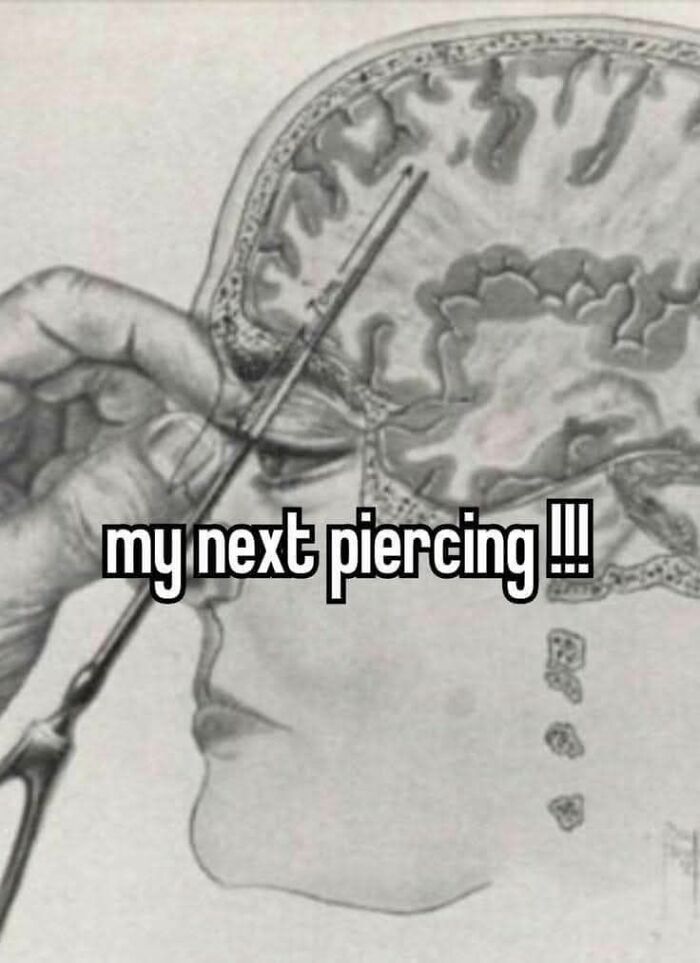 Hand piercing into a brain illustration with caption about next piercing, creepy but funny memes humor concept.
