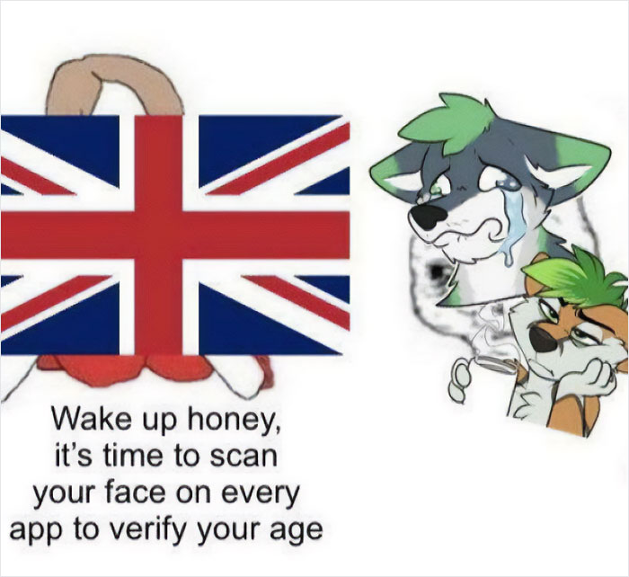 Chaotic British meme about age verification on apps featuring cartoon animals and a UK flag.