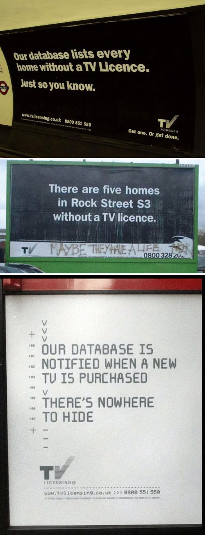 Series of British TV licence warnings on public billboards showing database tracking and penalty messages UK memes humor