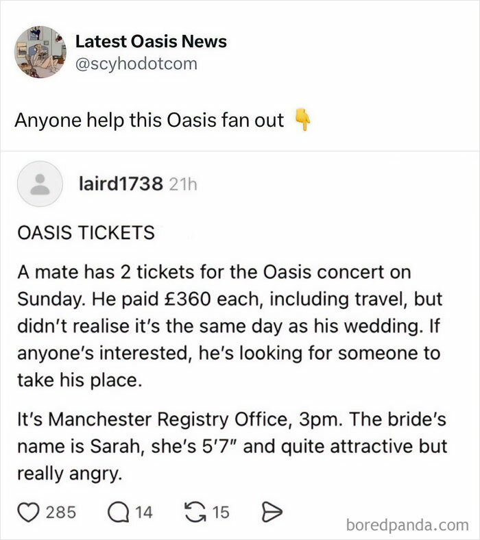 Social media post about chaotic British memes featuring a fan selling Oasis concert tickets on wedding day.