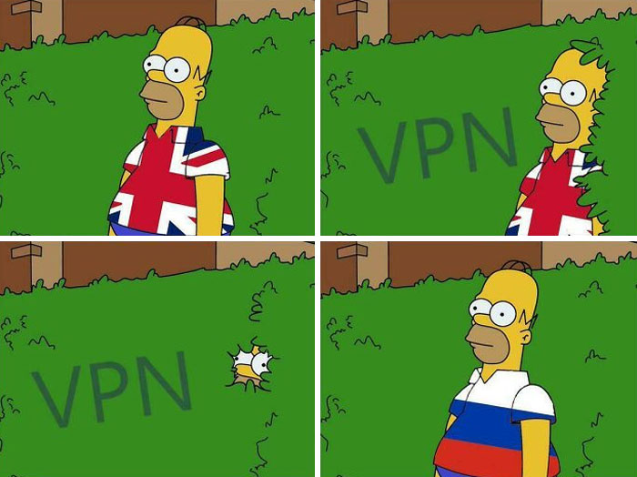 Homer Simpson wearing British and Russian flag shirts, hiding behind a bush with VPN text in a chaotic British meme.