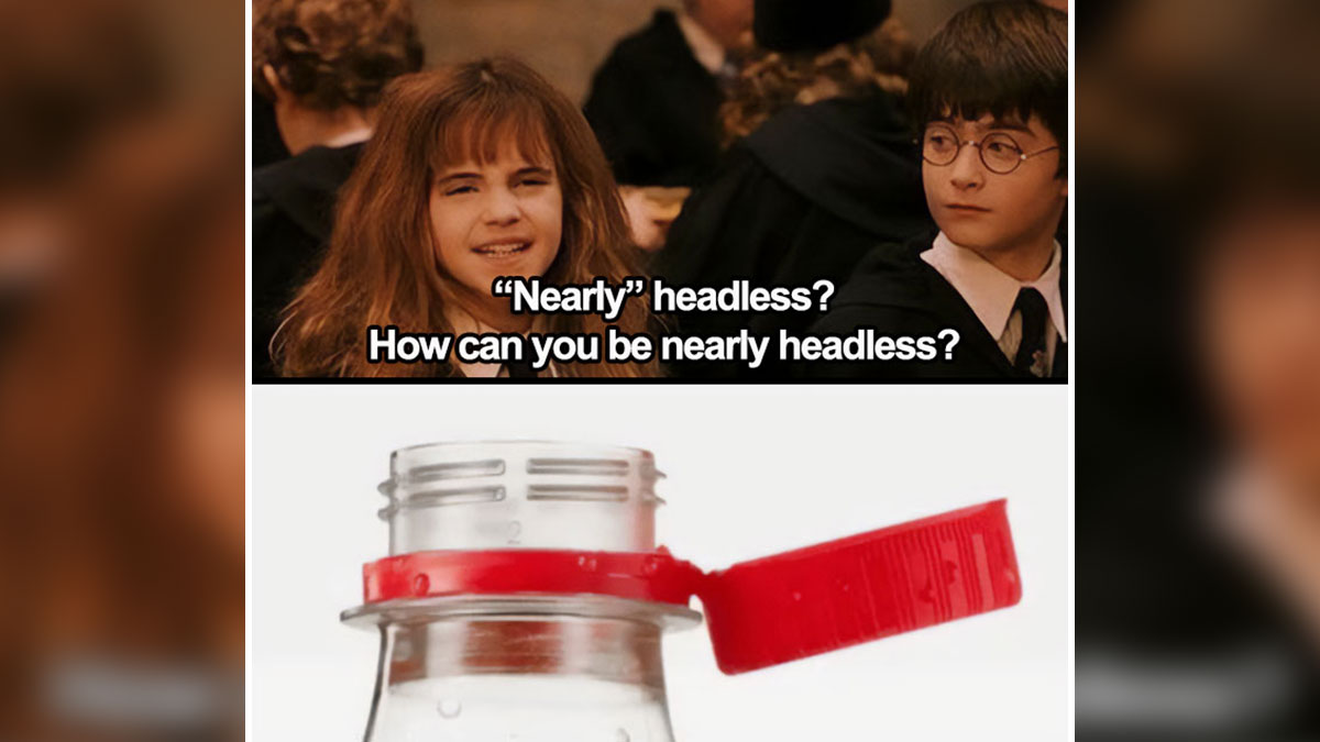 British meme referencing Harry Potter with a nearly headless character and an open bottle cap humorously compared.