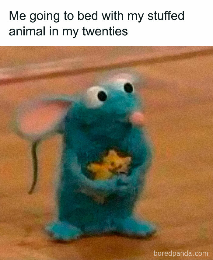 Blurry cartoon mouse hugging a stuffed animal, representing a funny meme for daily dose of laughter and good vibes.