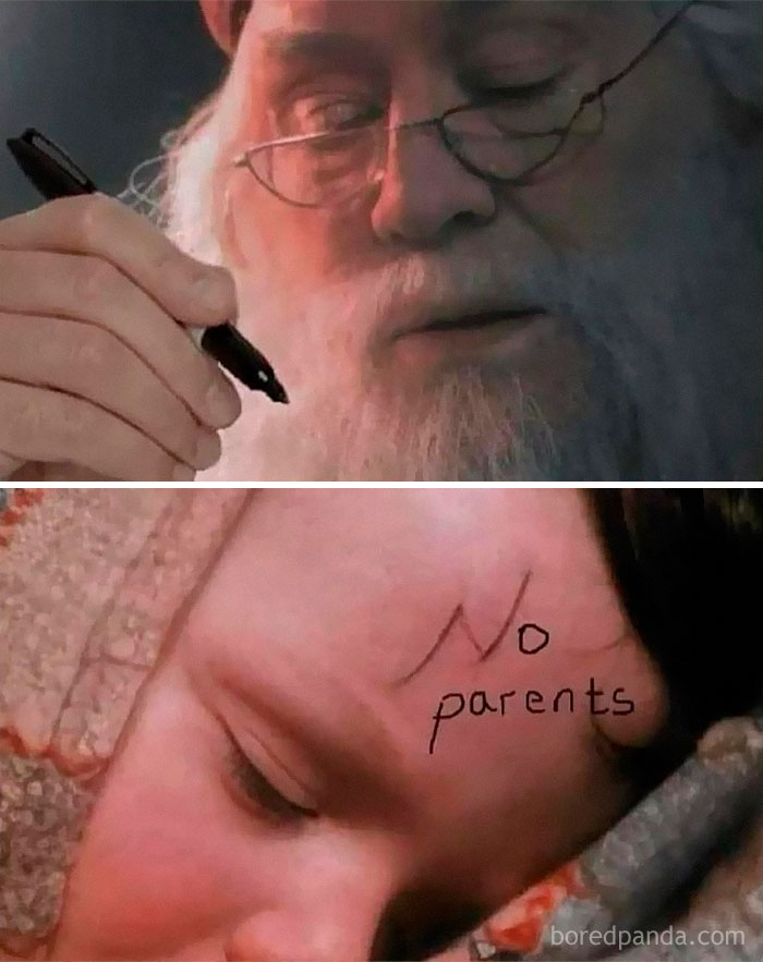 Close-up of a man with glasses writing on a child's forehead in a scene referencing memes appreciated by cinephiles.