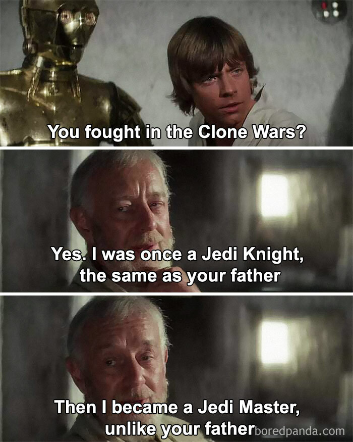 Star Wars scene meme featuring characters discussing a humorous take on a father's death, popular among cinephiles.