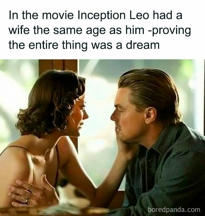 Couple from Inception movie with meme text joking about wife being same age proving it was a dream for cinephiles.