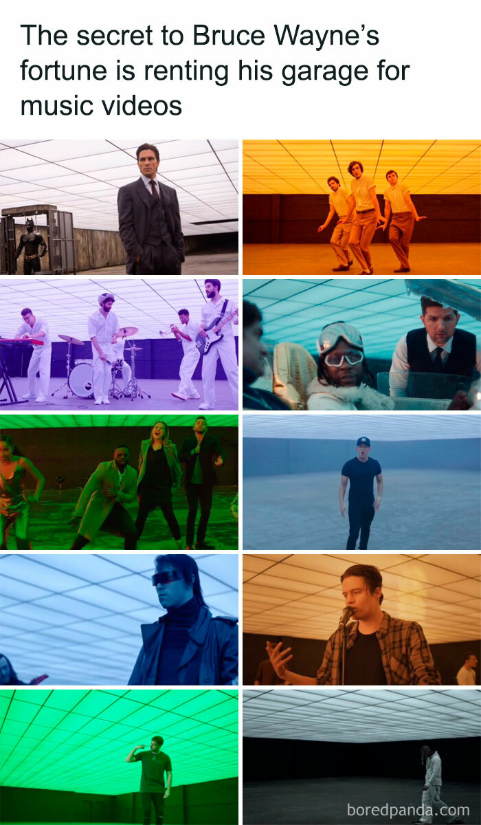 Meme collage showing scenes from music videos and movies with a joke about Bruce Wayne’s garage in cinephile humor.