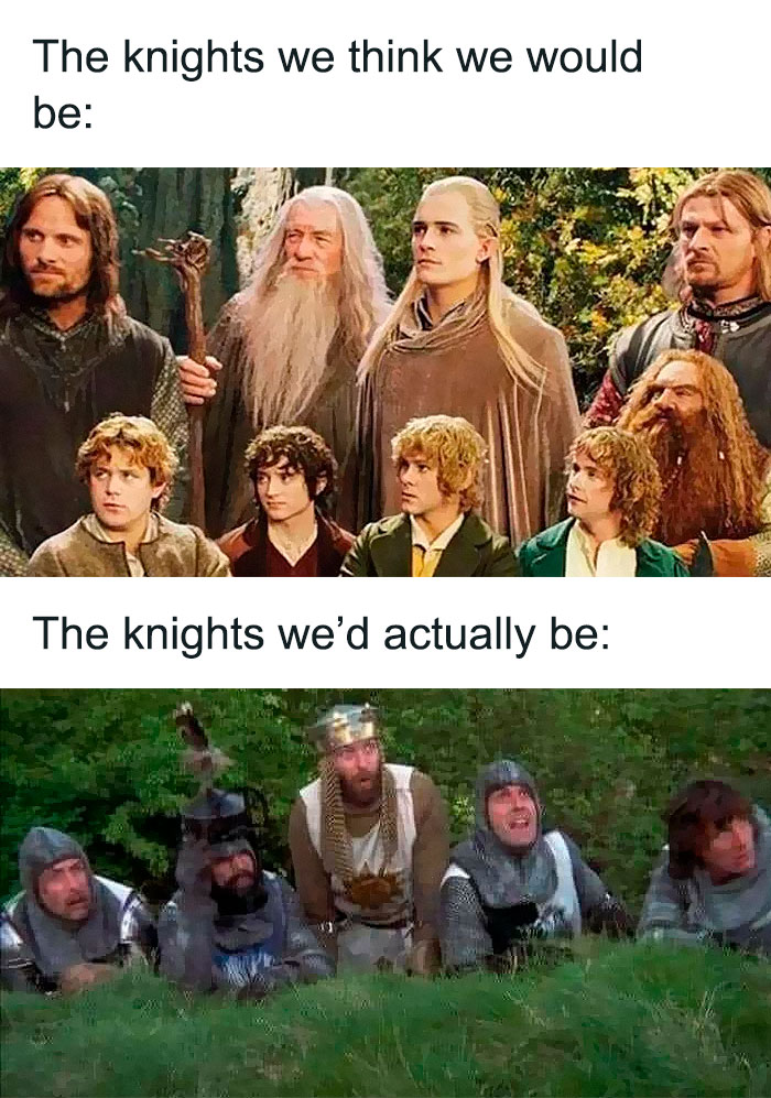 Top image shows heroic knights from a famous fantasy movie, bottom image shows comedic knights from a parody film for cinephiles.