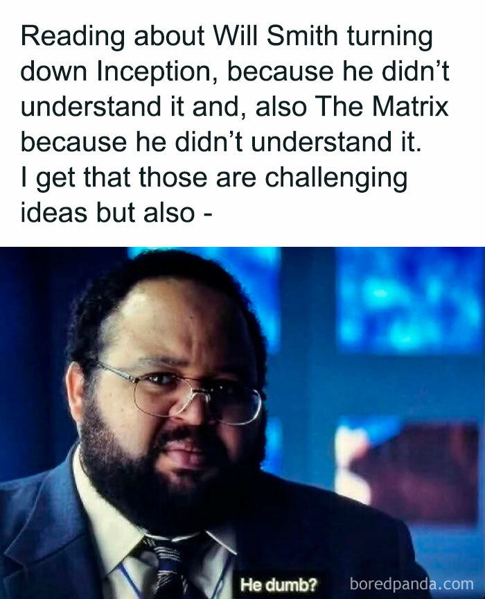 Man in glasses and suit questioning if someone is dumb, humorous meme for cinephiles about complex movie understanding.