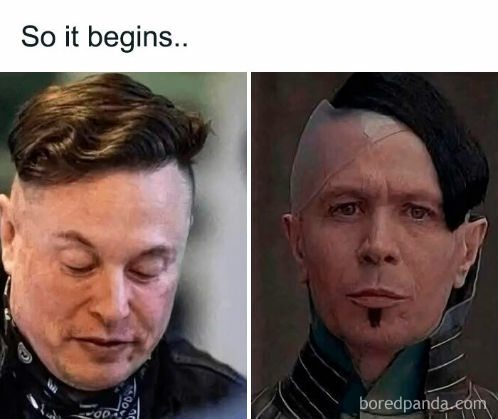 Elon Musk looking down next to a sci-fi character with a futuristic hairstyle, a funny meme cinephiles might appreciate.
