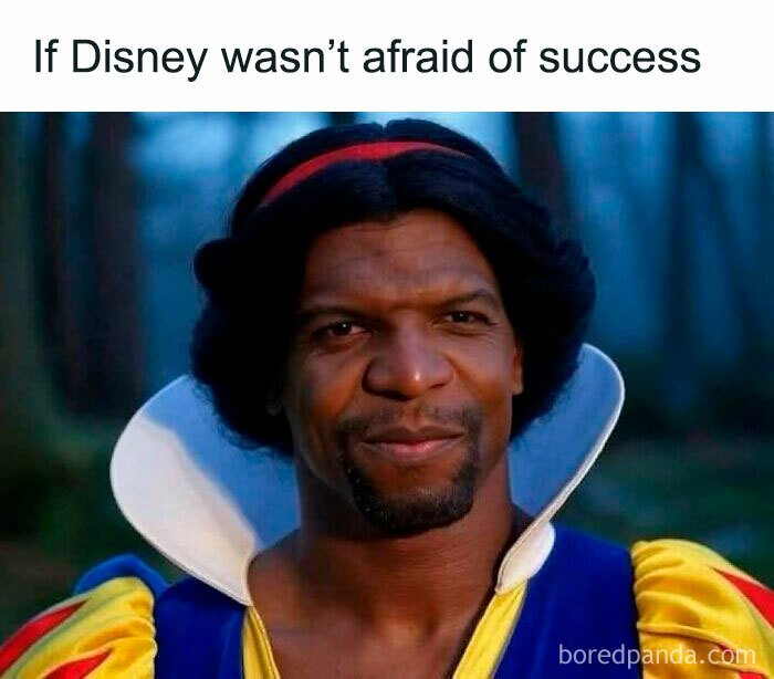 Man dressed as Snow White with caption about Disney success, a funny meme cinephiles might appreciate.