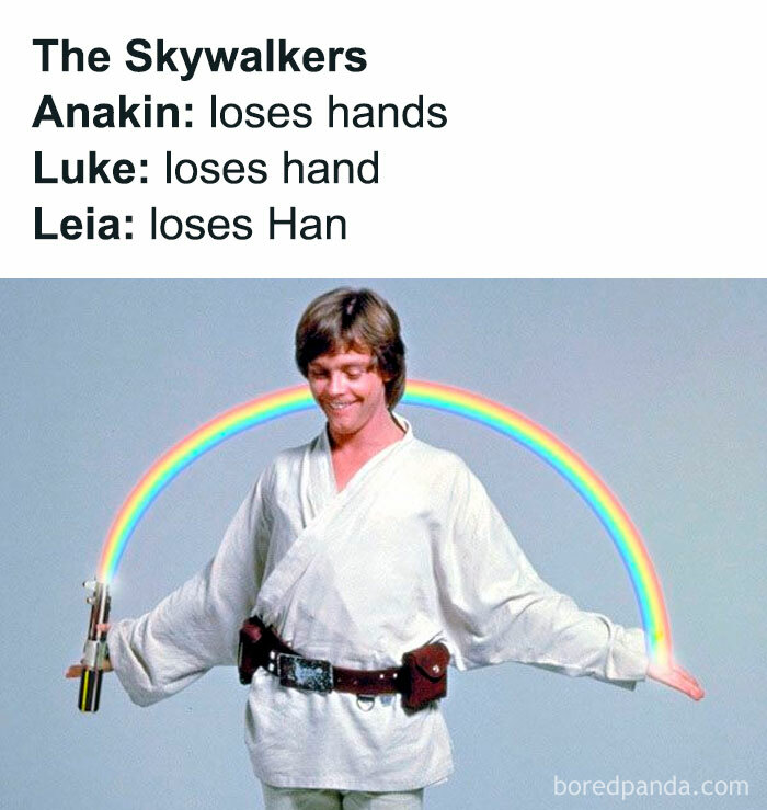 Hilarious cinephile meme showing Luke Skywalker with a rainbow and a joke about the Skywalker family losing hands.