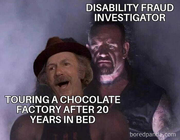 Two men with contrasting expressions illustrating a disability fraud meme, popular among cinephiles and movie fans.