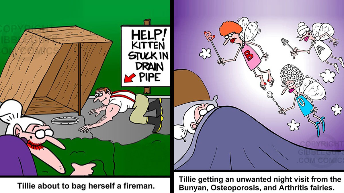 Two-panel comic from Gibbleguts Seniors Villa humorously depicting challenges and night visits related to getting older.