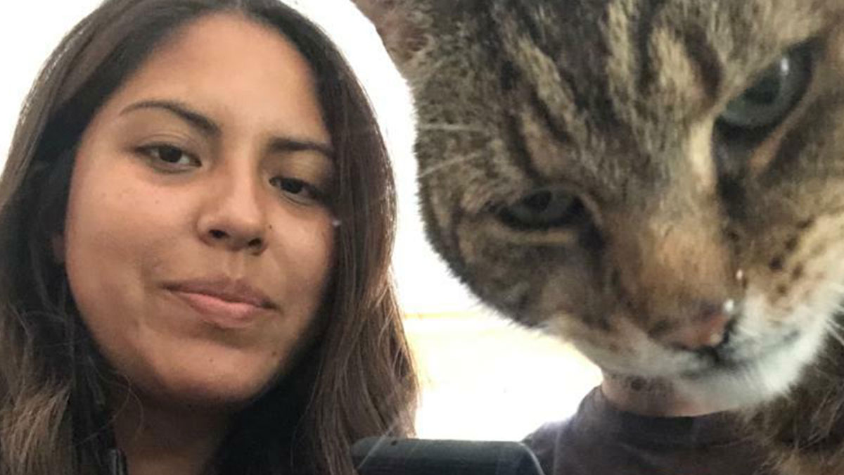 Woman taking a selfie with a cat photobombing close to the camera in a funny pet photo crash moment.