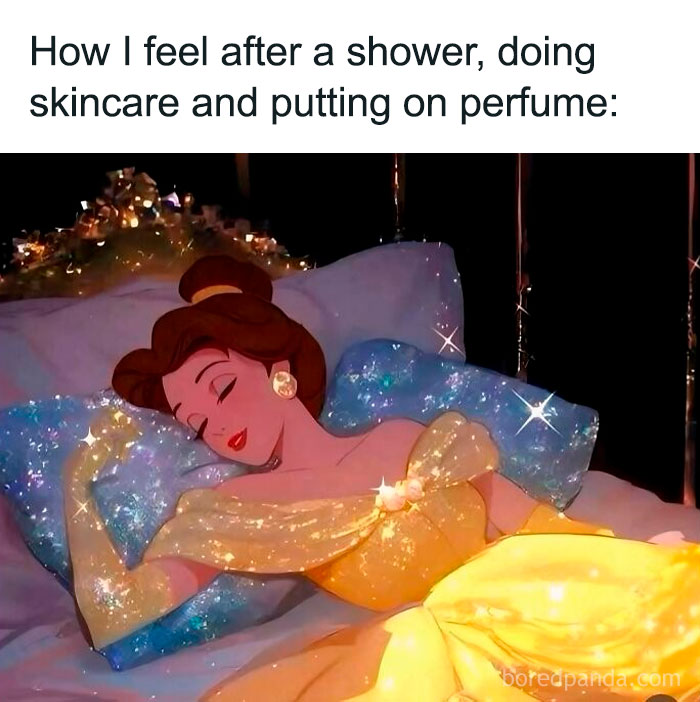 Animated princess resting peacefully on glittery pillows, representing skincare and perfume glow from hilarious memes.