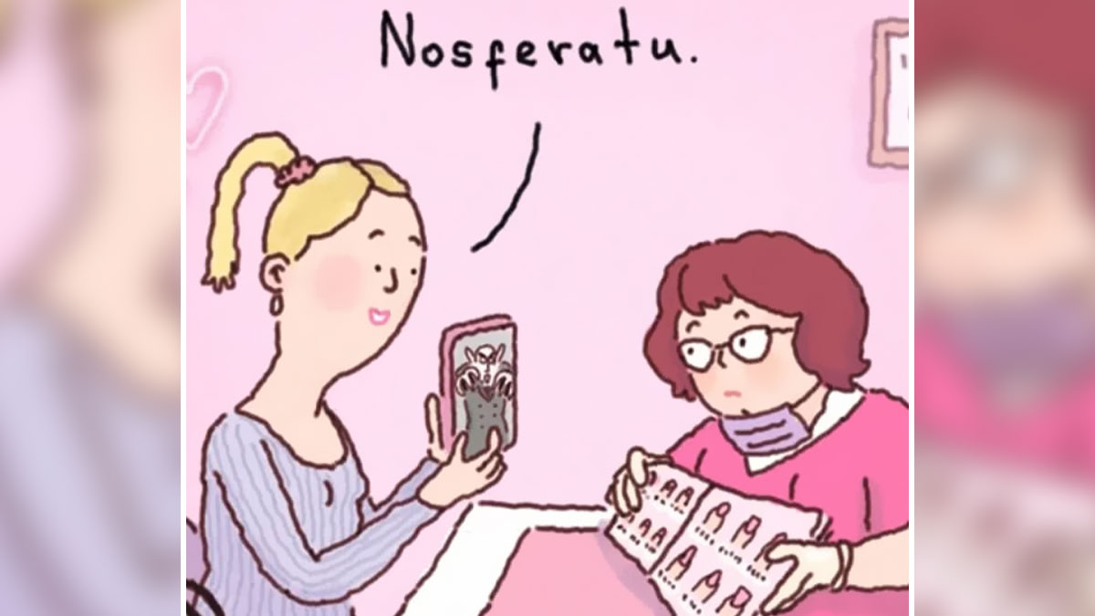 Woman showing a funny graphic on her phone to another woman in glasses in a comic style illustration.