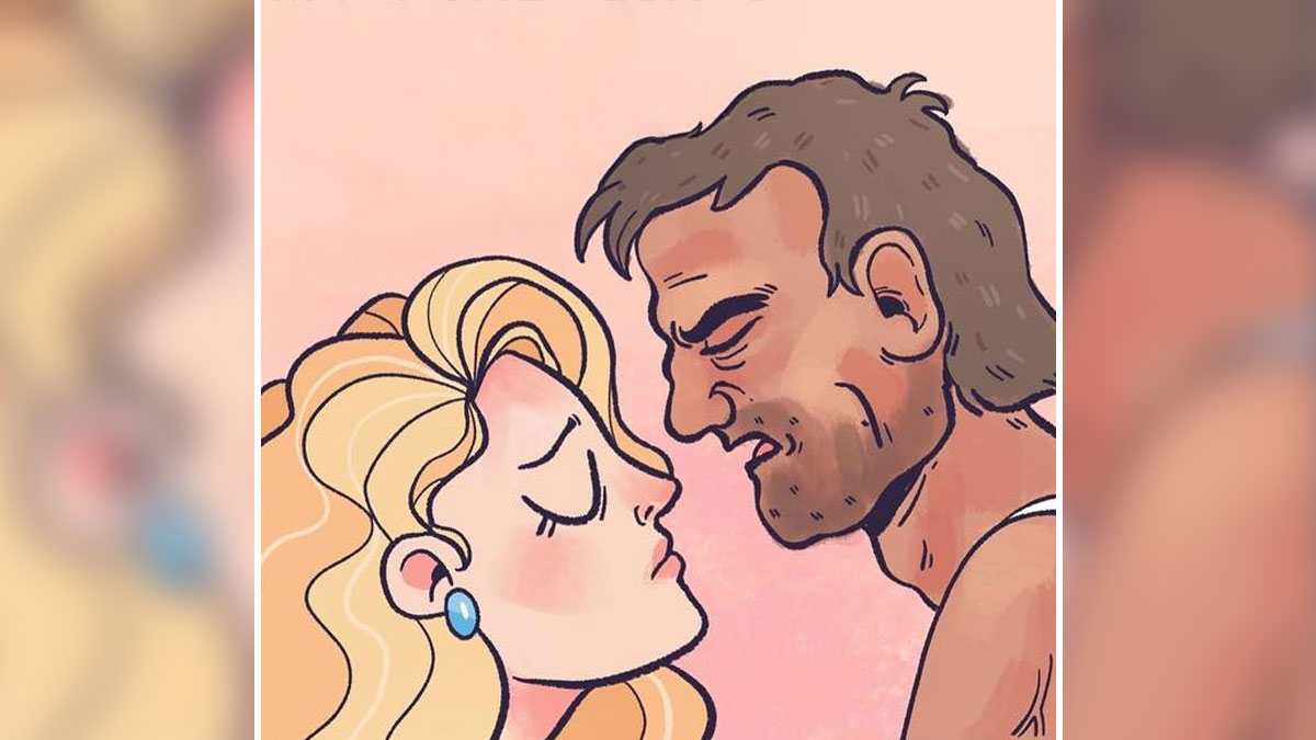 Cartoon man and woman with expressions showing awkward moments and overthinking in a relatable comic style.