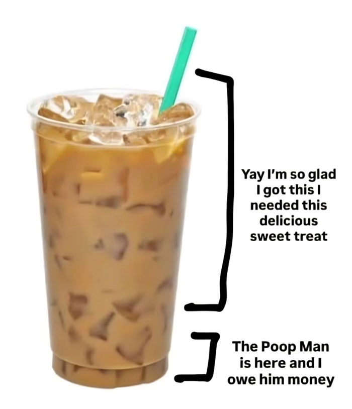 Iced coffee with humorous captions about enjoying a sweet treat and owing money, relatable memes content.