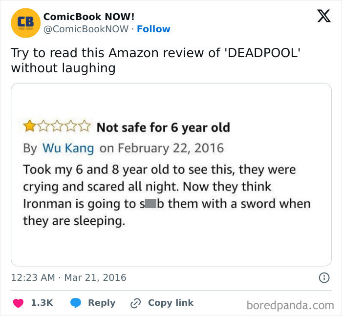 Screenshot of a humorous product review showing a funny take on safety concerns in customer reviews.