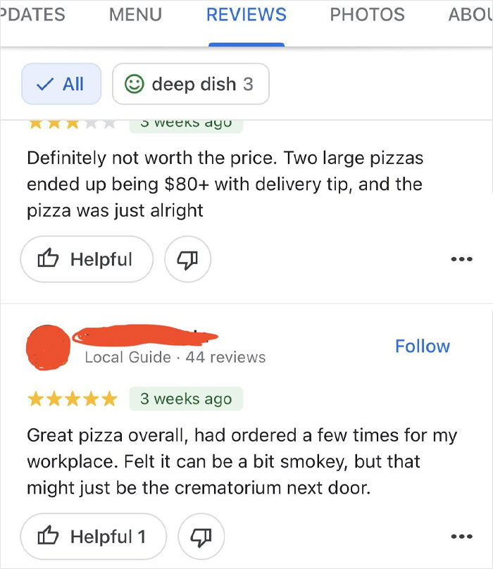 Screenshot of humorous product and service reviews mentioning pizza quality and delivery cost with playful commentary.