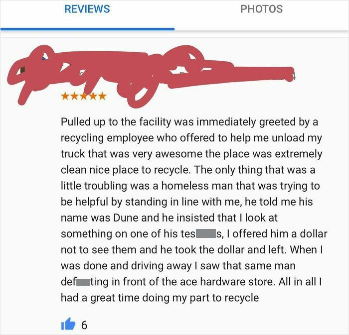 Humorous product and service review describing a recycling facility visit with a witty encounter involving a homeless man.