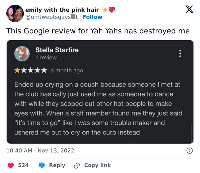 Social media post showing a humorous product review with an emotional story in a Google review.