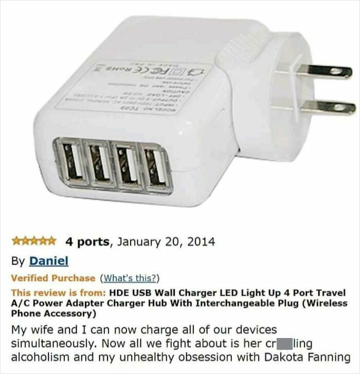 USB wall charger with 4 ports shown with a humorous product review highlighting an immaculate sense of humor in customer reviews.