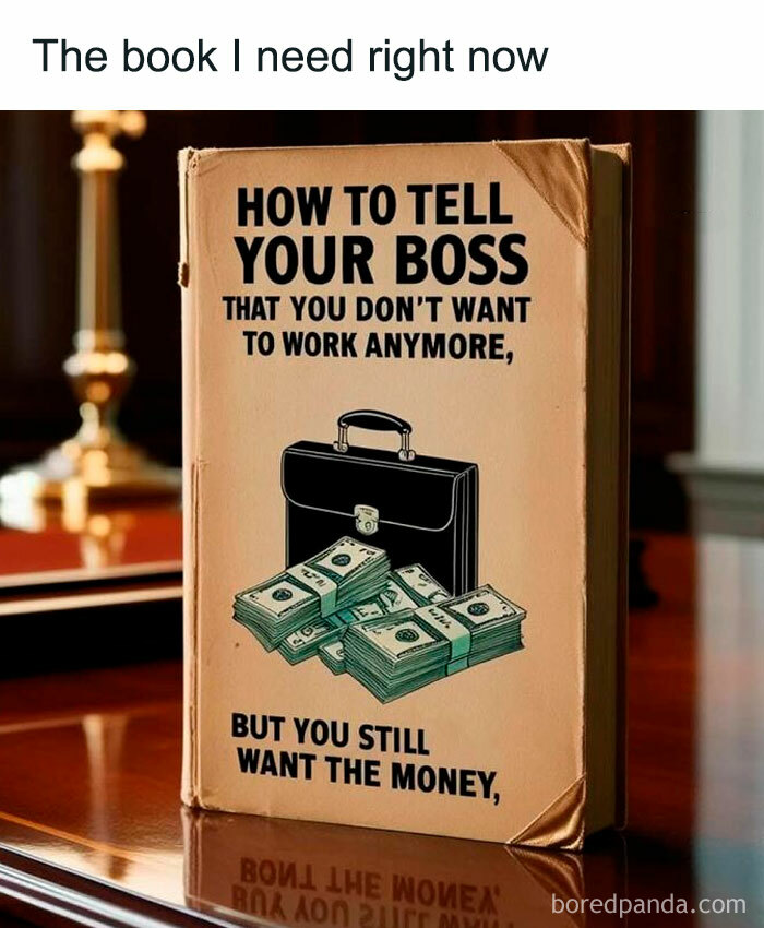 Book titled How to tell your boss you don't want to work anymore but still want the money, humor in work memes for retirement.