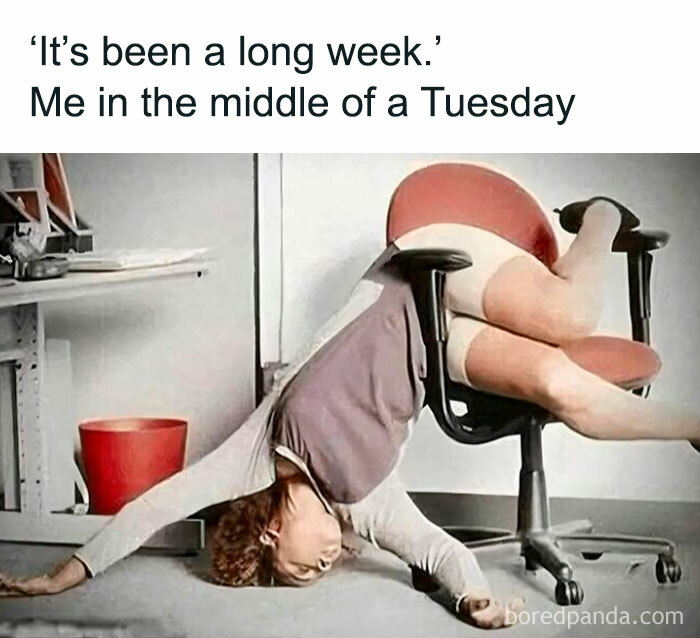 Woman slumped in office chair with legs up, illustrating a long work week in funny work memes for those ready to retire