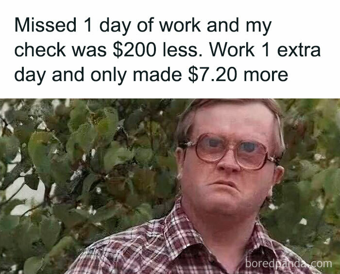 Man in glasses and plaid shirt with frustrated expression, illustrating a work meme about paycheck discrepancies and work effort.